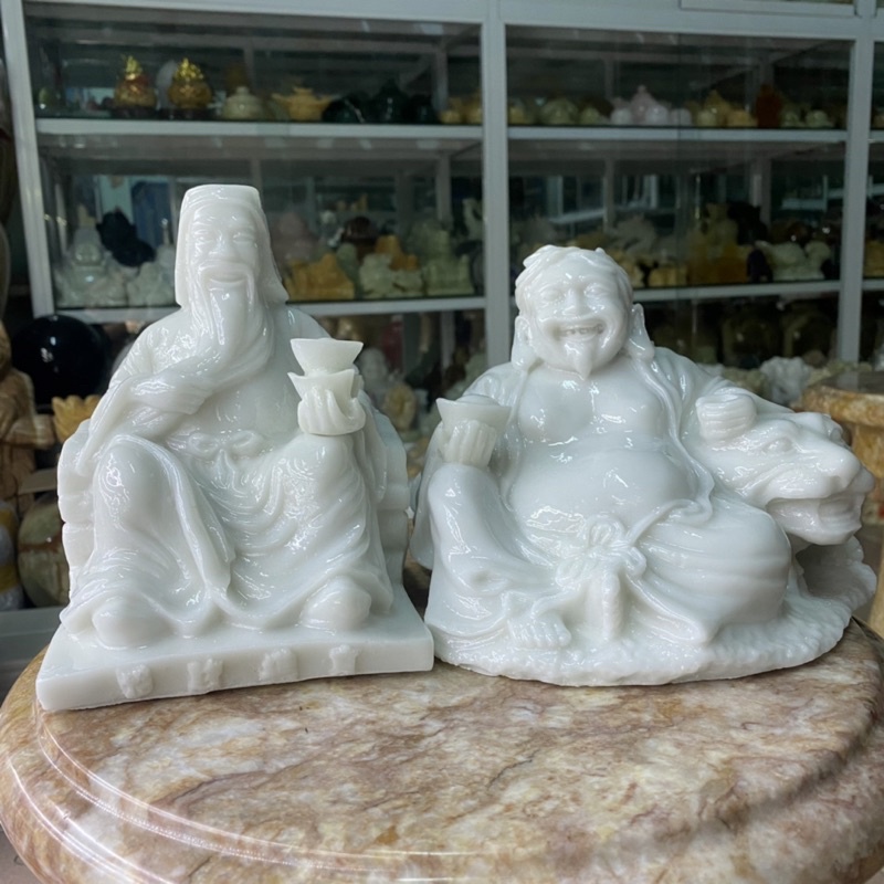 Bộ Thần Tài Thổ Địa Đá Đúc Màu Trắng - cao 27.5cm