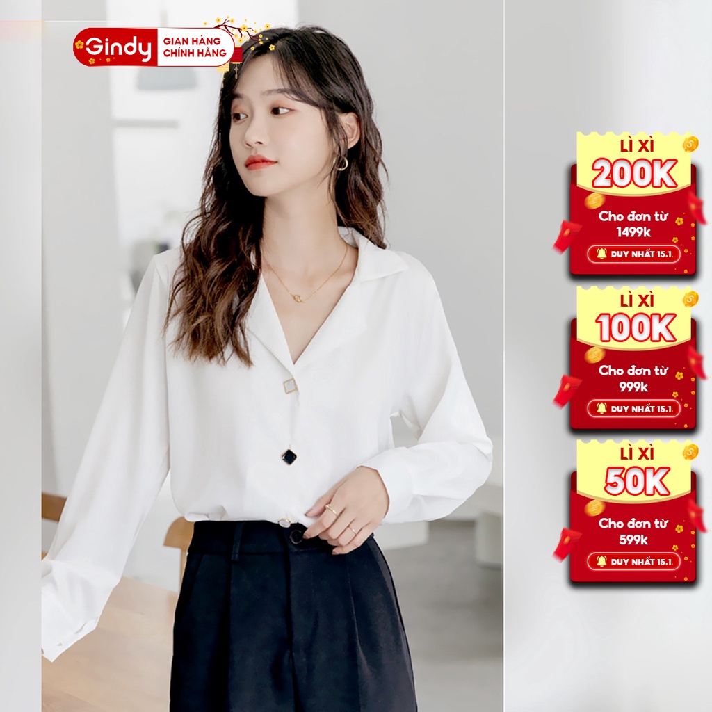 Áo sơ mi lụa ngọc trai GINDY cổ vest cúc đá vuông tay dài dáng basic sang chảnh thời trang xuân hè, công sở A10110