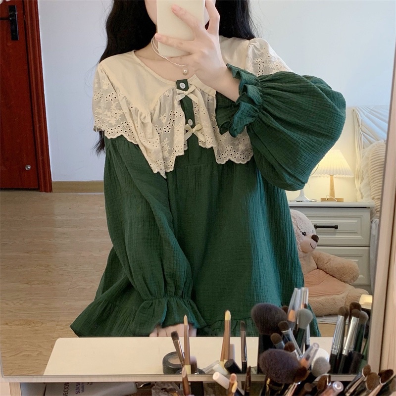 New SET BỘ ĐỒ MẶC NHÀ TIỂU THƯ QUẢNG CHÂU XÔ MUSLIN XANH PHỐI BÈO rẻ nhất shopee