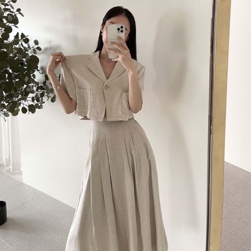 Chân váy xếp li dài chất đũi