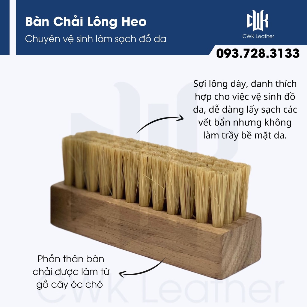 Bàn chải lông heo Woodson chuyên vệ sinh, làm sạch đồ da: túi xách, áo, ví, giày da