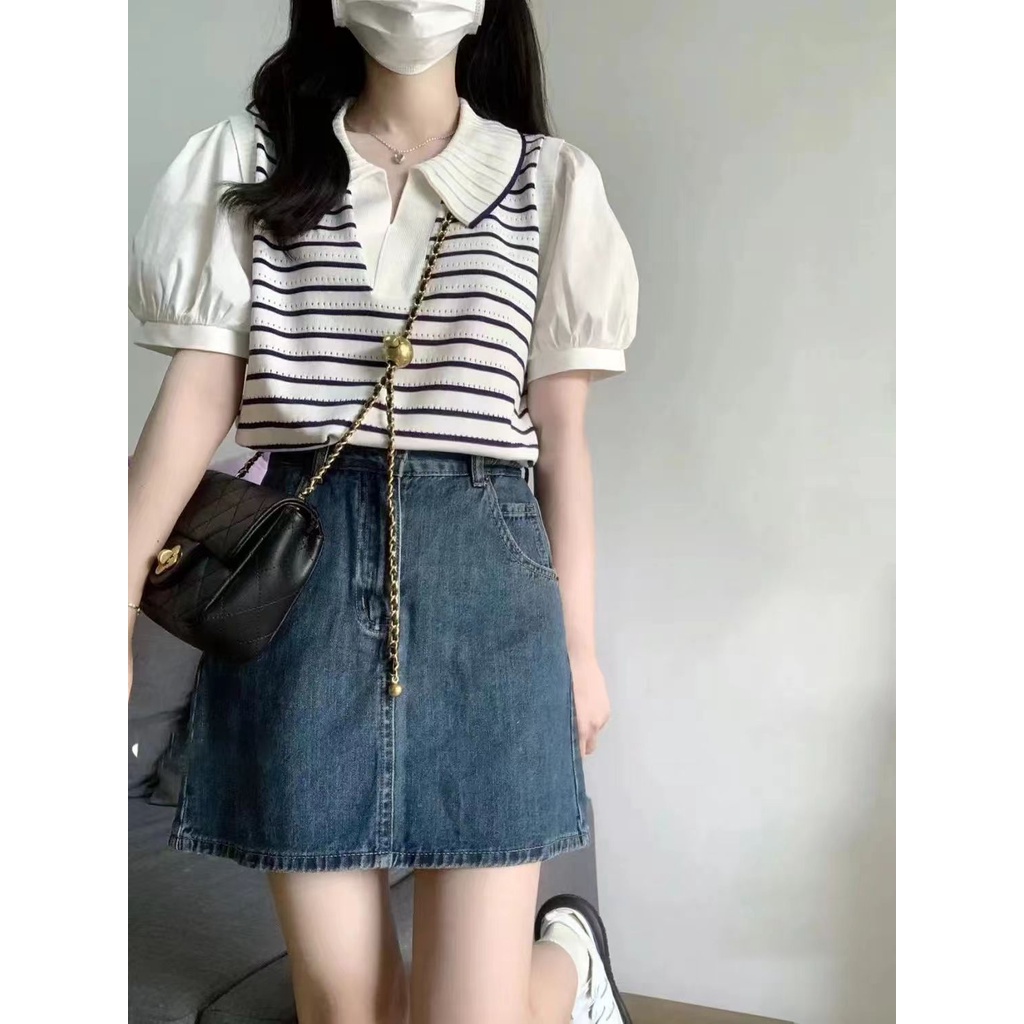 NZN Áo polo dệt kim tay ngắn họa tiết sọc caro thời trang Hàn Quốc cho nữ