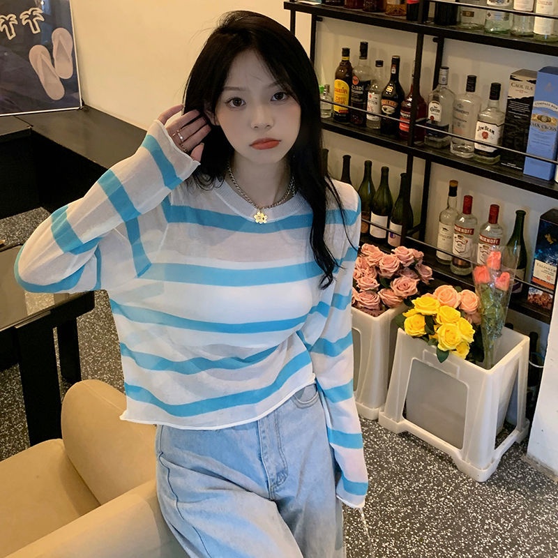Áo Dệt Kim Mỏng Chống Nắng Họa Tiết Kẻ Sọc Đơn Giản Sáng Tạo