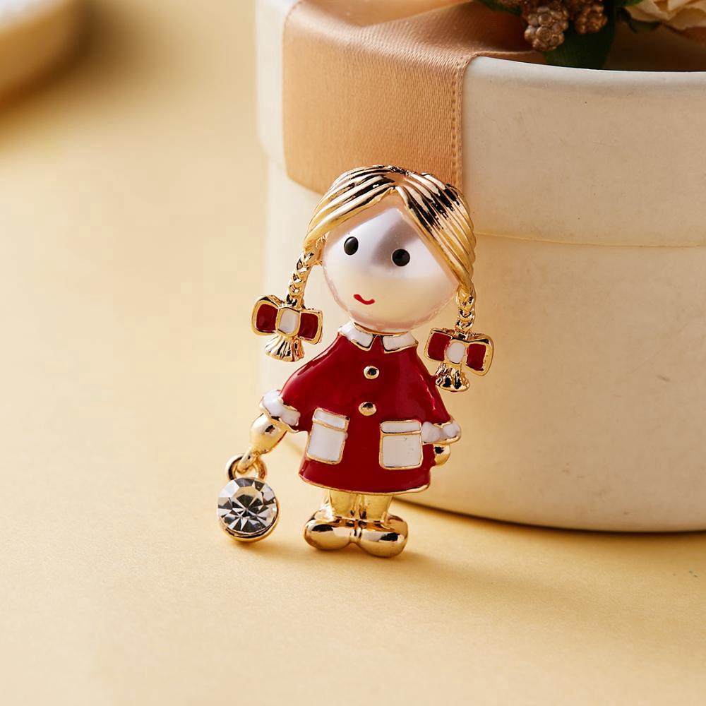 Ghim cài áo BELLA-BEE tráng men kiểu cô gái ngọc trai nhân tạo mặc đầm đỏ dễ thương làm quà tặng sinh nhật tiệc tùng