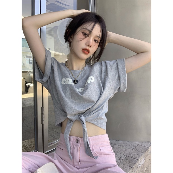 QKOOLE  Áo Thun crop top Nữ Cổ Tròn In Hình Phong Cách Hàn Quốc