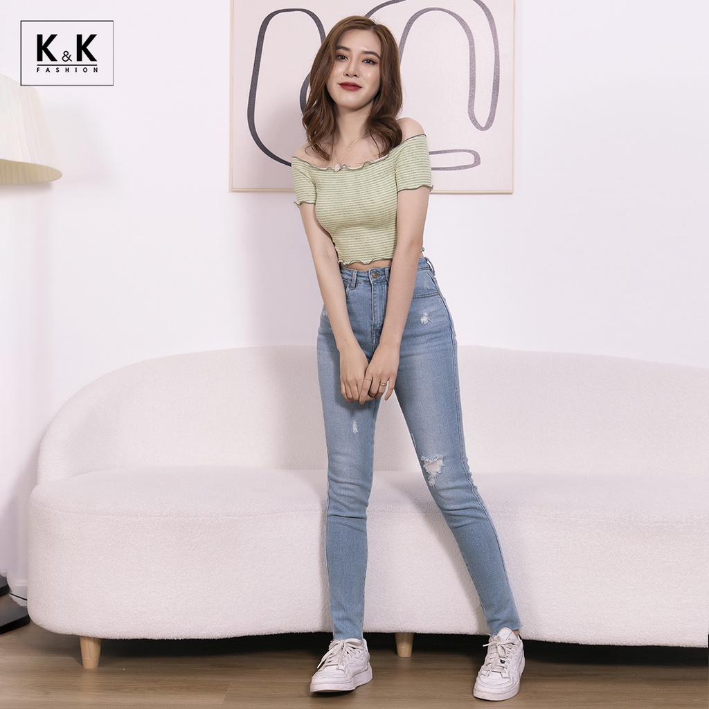 Áo Thun Trễ Vai Nữ K&K Fashion ASM06-25 Màu Xanh Croptop