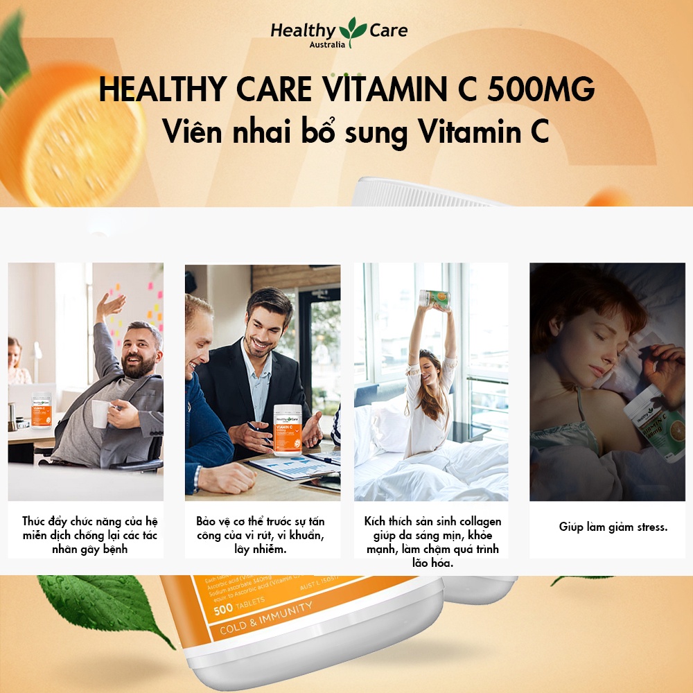 Viên nhai Vitamin C Healthy Care giúp tăng cường đề kháng, hỗ trợ sức khỏe và làm đẹp da 500 viên