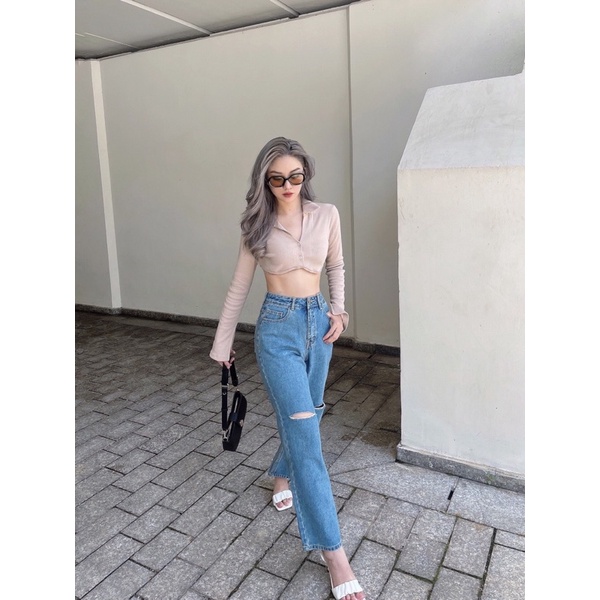 Áo croptop nữ body dài tay TOPTIFY cổ polo hai nút viền ngực Shelby Top | BigBuy360 - bigbuy360.vn