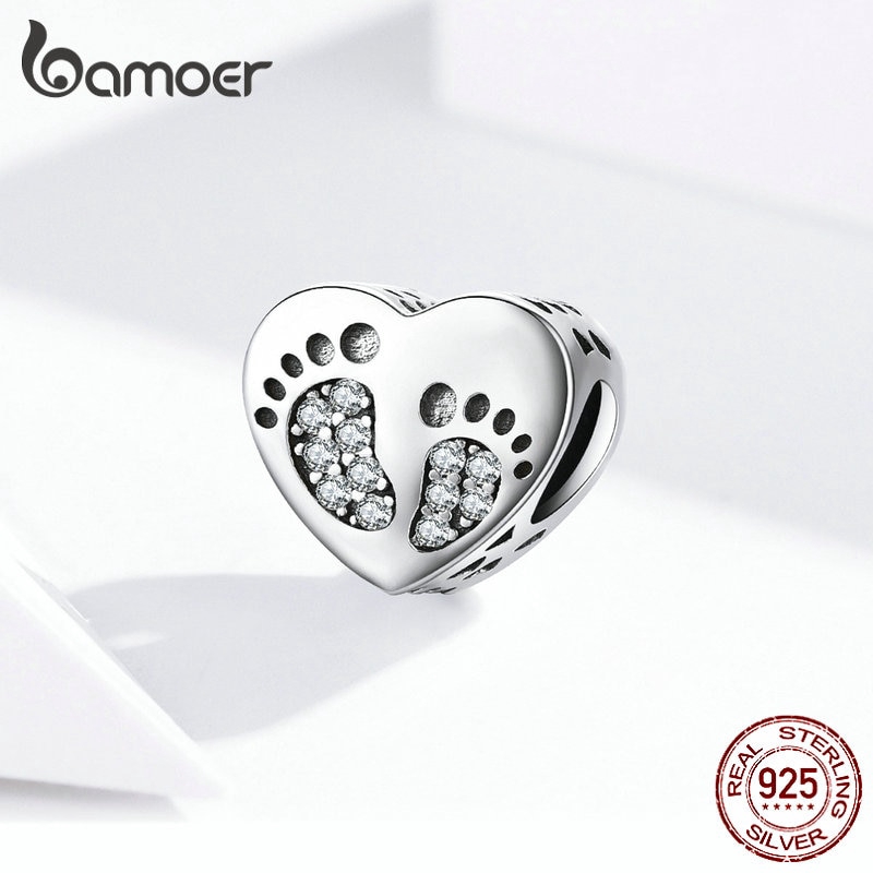 Hạt Trang Sức Bamoer Scc1395 Chốt Bạc Sterling Hình Trái Tim Phối Họa Tiết Dấu Chân Dùng Làm Đồ Trang Sức Thủ Công