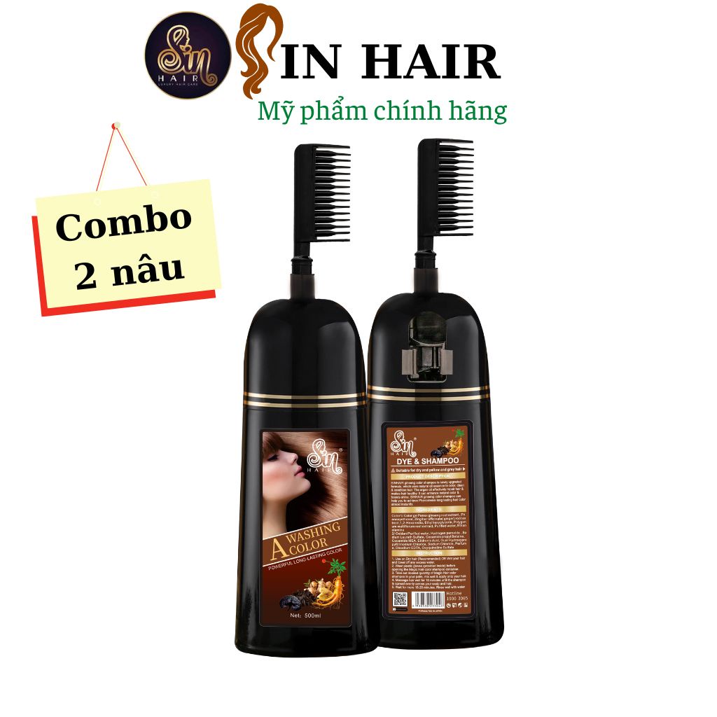 Combo 2 Chai Dầu Gội Phủ Bạc SIN HAIR, Nhuộm Tóc Màu Nâu Tại Nhà 500ml