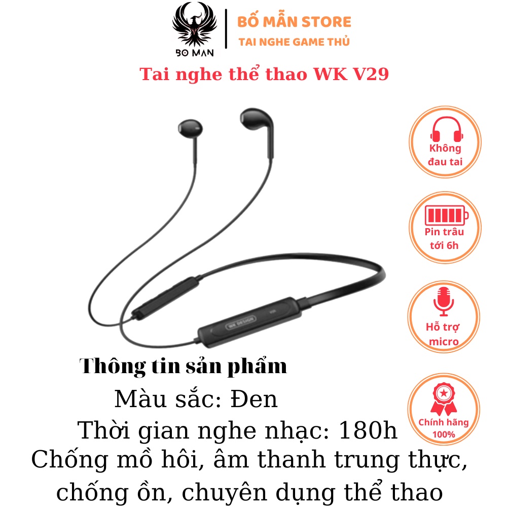 Tai Nghe Không Dây Bluetooth Gaming Choàng Cổ Có Micro,Tai Nghe Bluetooth Thể Thao Đeo Cổ Wk Design V29 BOMAN