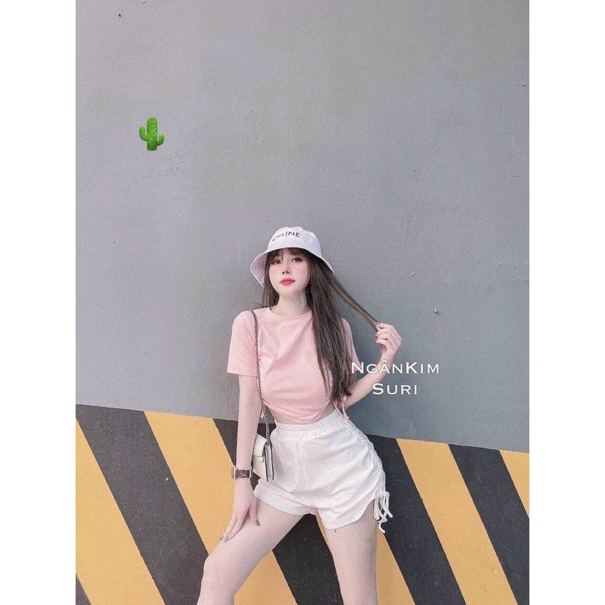 Sét bộ đùi thun gân áo croptop + quần rút dây