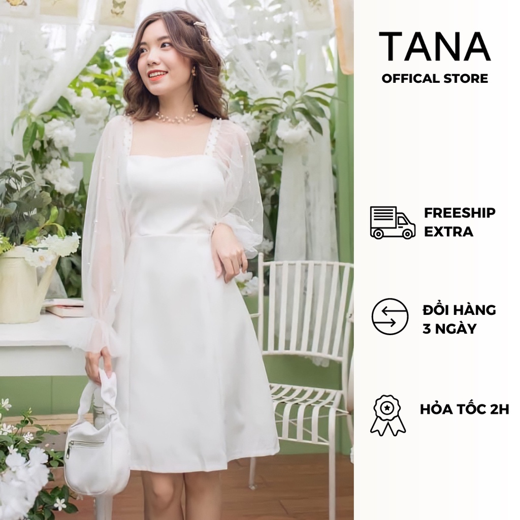 Váy đi tiệc D0326 TANA váy cổ vuông tay lưới dáng A có 2 màu Đen, Trắng mặc đi tiệc
