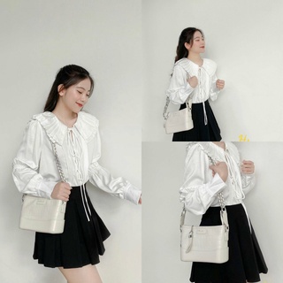 Áo sơ mi nữ cổ xếp ly dây buộc , áo sơ mi nữ dáng rộng