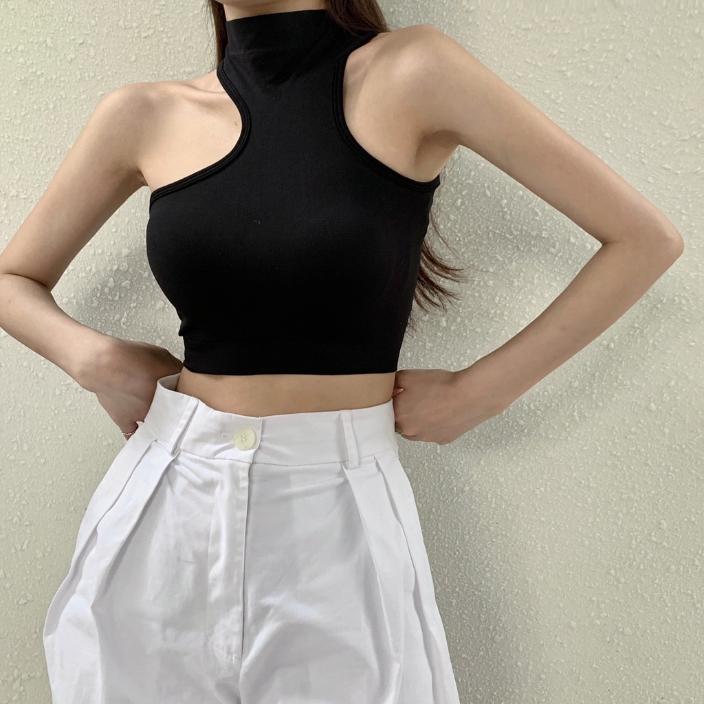 Áo croptop SUXI không tay co giãn bất đối xứng thời trang Hàn Quốc quyến rũ dành cho nữ