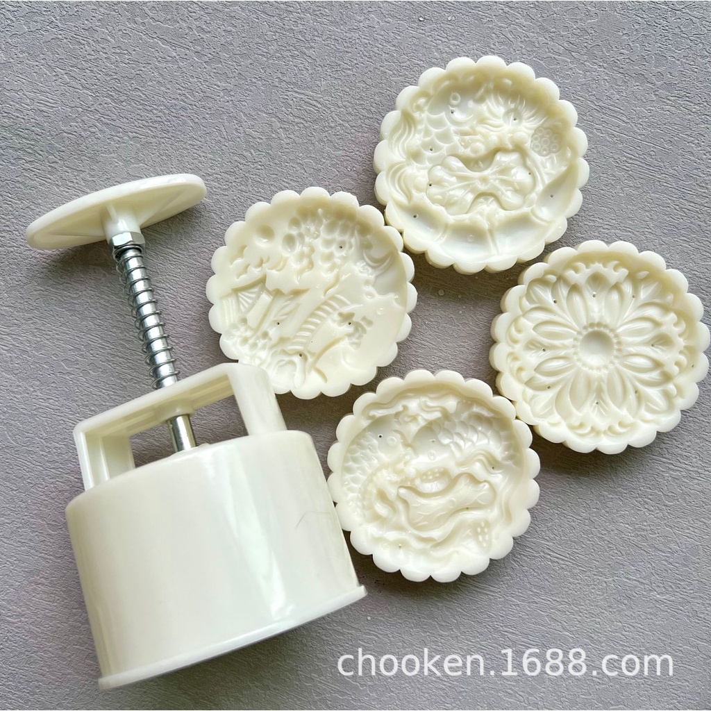Khuôn trung thu tròn 4 mặt mẫu hoa, sen, cá, chùa (mẫu 4) - Bếp bánh Thyna