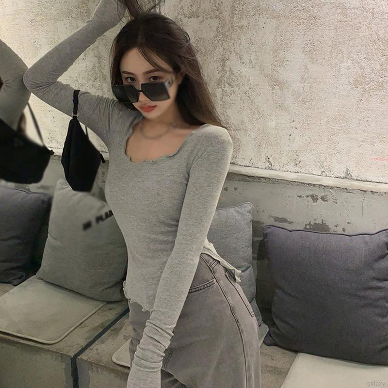 Áo thun tay dài màu trơn cổ tròn đơn giản phong cách Hàn Quốc