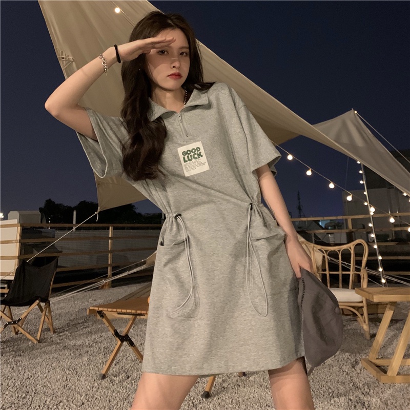 Đầm Perty thiết kế tay ngắn cổ polo có dây rút in chữ thời trang Hàn Quốc cho nữ