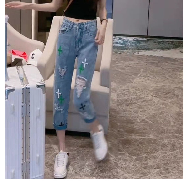 Net red cross pattern ripped jeans women's new summer large size small tall waist thin straight tube daddy pants