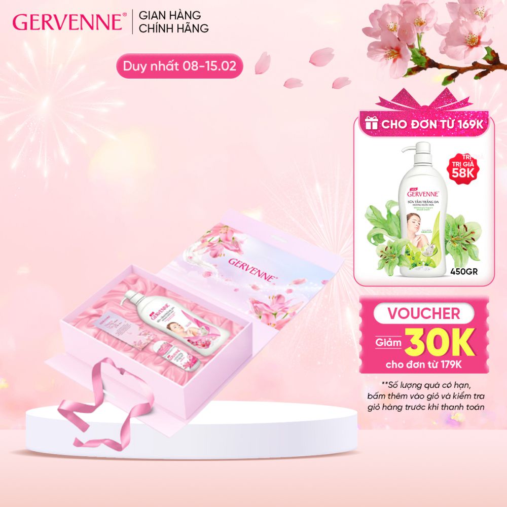 Hộp quà Sữa tắm trắng da Gervenne Pink Lily 900gr và Lăn khử mùi Pink Lily 50ml