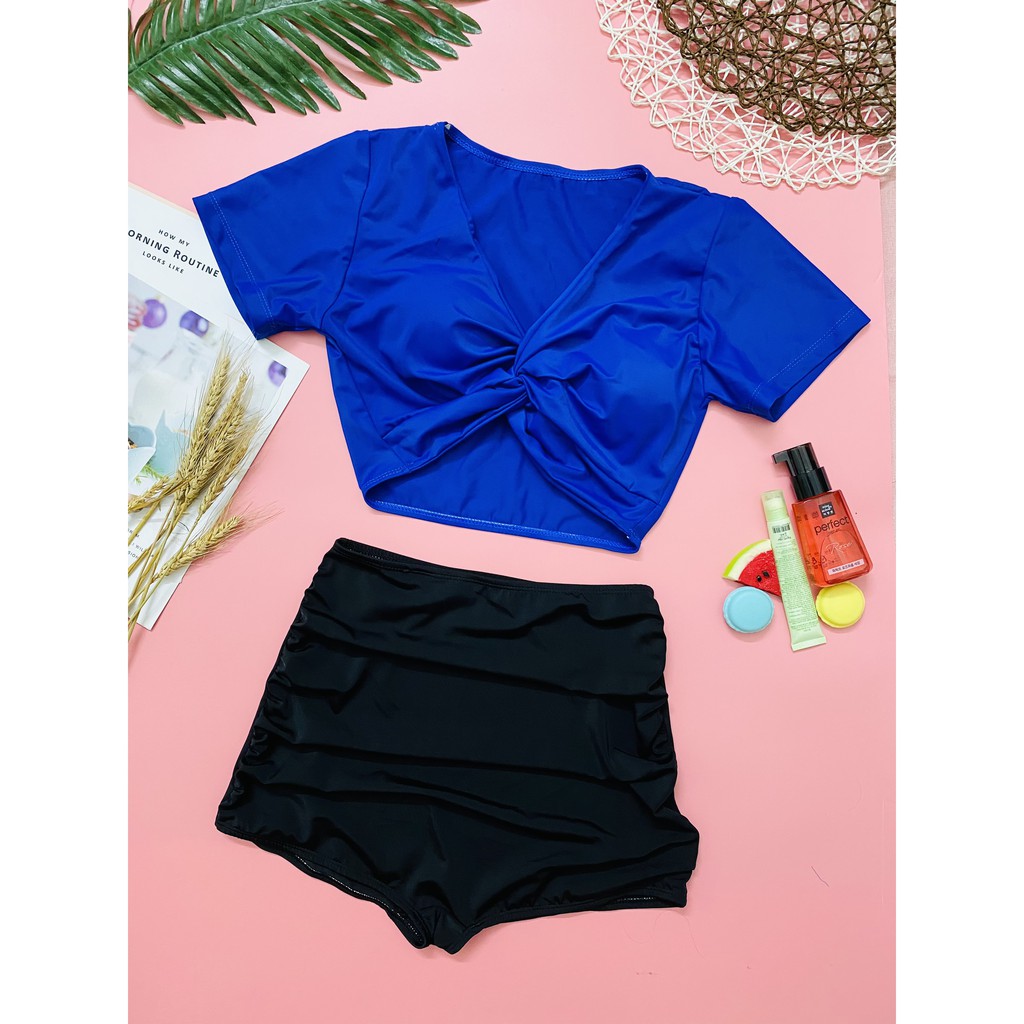 Bikini đồ bơi hai mảnh cộc tay ️Freeship️xanh dương quần đùi cạp cao che bụng mặc đi biển đi bơi mới nhất