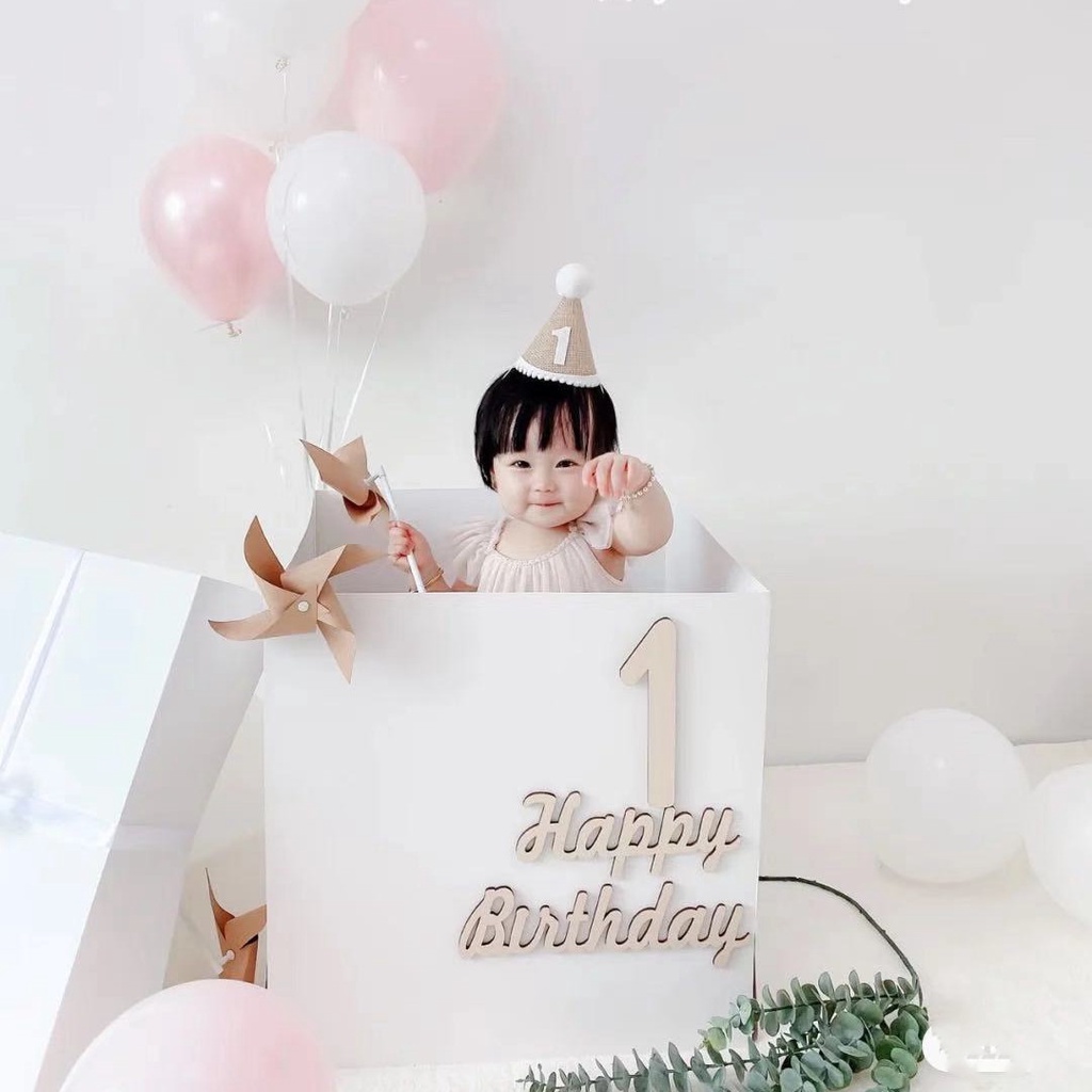 Mũ sinh nhật vải cói nâu 3D Hàn Quốc Kem Shop, mũ cói sinh nhật vintage dễ thương - Kemshop K120