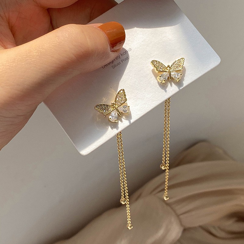 Bông Tai Mạ Bạc 925 Hình Bướm Đính Đá Zircon Phong Cách Hàn Quốc