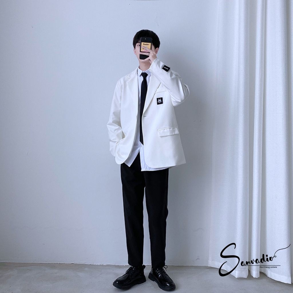 Áo blazer nam dài tay áo khoác form rộng SANVADIO 2 màu đen, trắng dễ phối đồ phong cách Hàn Quốc AD09