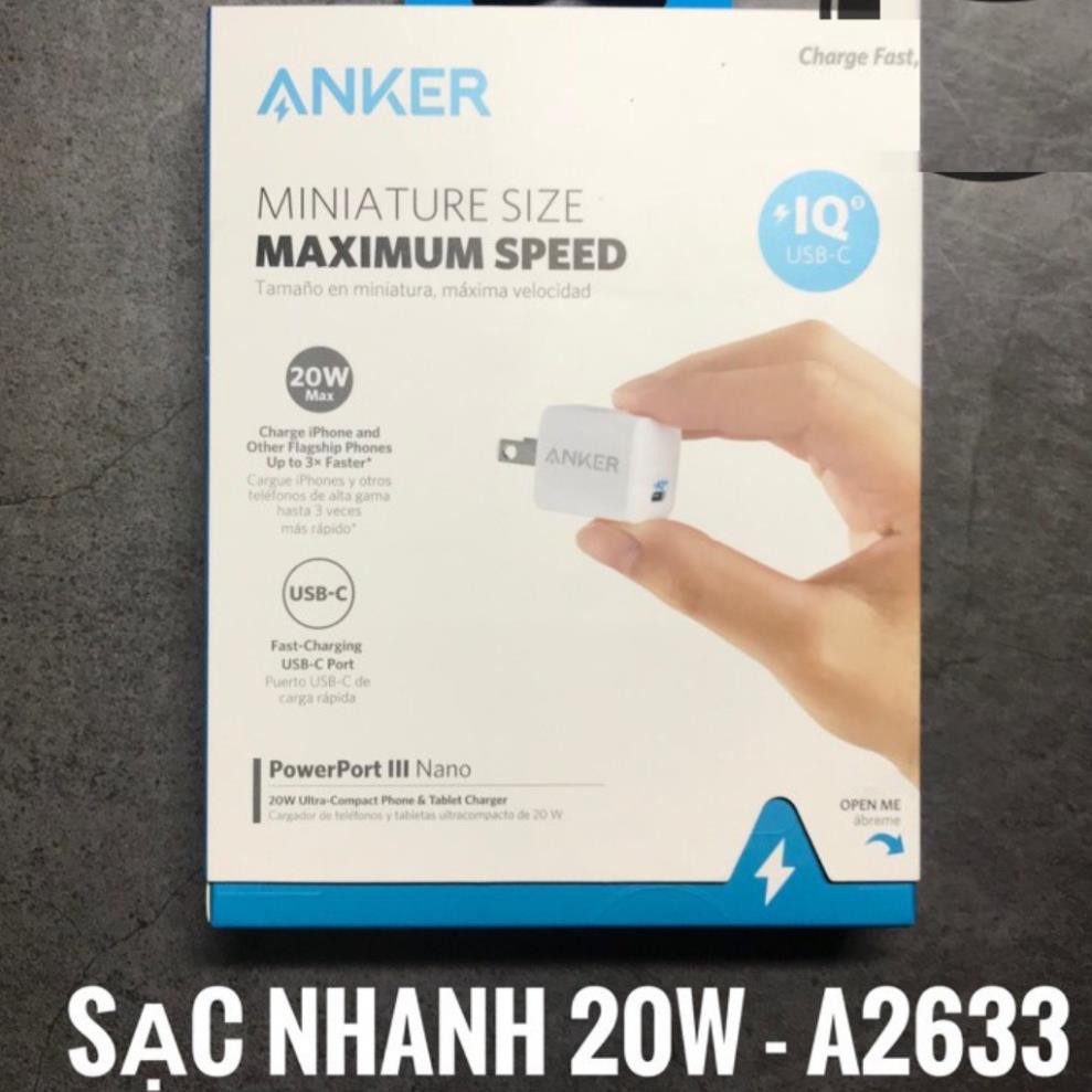 CỦ SẠC NHANH IPHONE 12 Anker 20w A2633 PowerPort III Nano 1 cổng USB-C PiQ 3.0 cho Samsung IPad IPhone  X XS XR 11 12