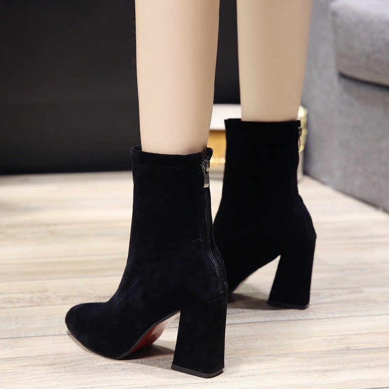 ◇2018 new short boots women s autumn and winter thick-heeled elastic shoes high-heeled pointed mid-tube British style Martin