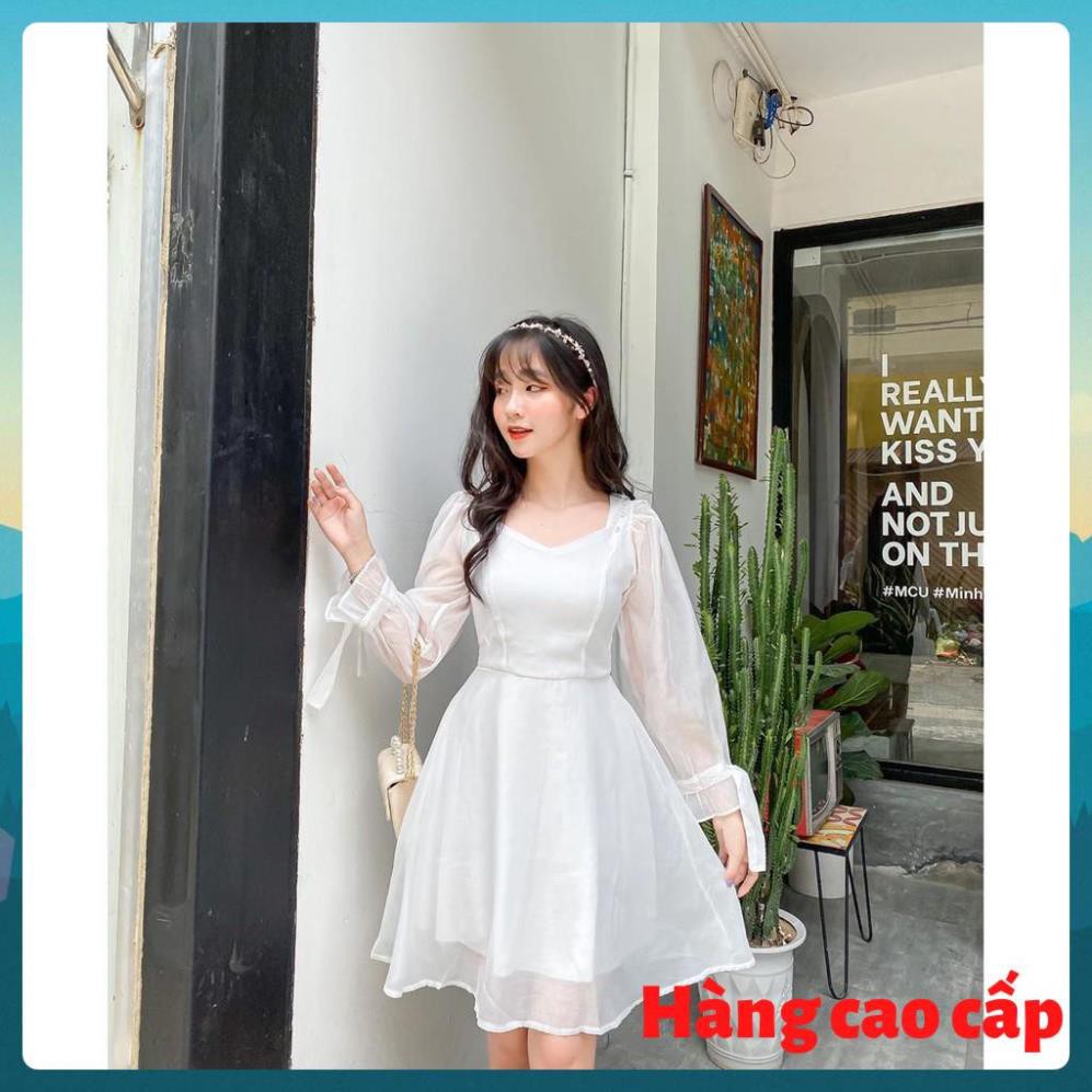 (Hàng cao cấp) Đầm dạo phố dáng xòe ELSA Dress cổ vuông phối nút bọc tay nơ | BigBuy360 - bigbuy360.vn