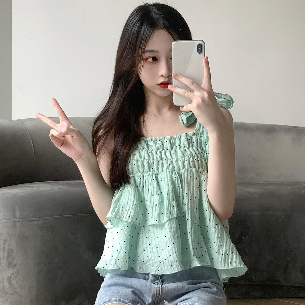 Lalisas Xiaozhainv Áo Hai Dây Dáng Ngắn Họa Tiết Chấm Bi Ngọt Ngào Cho Nữ