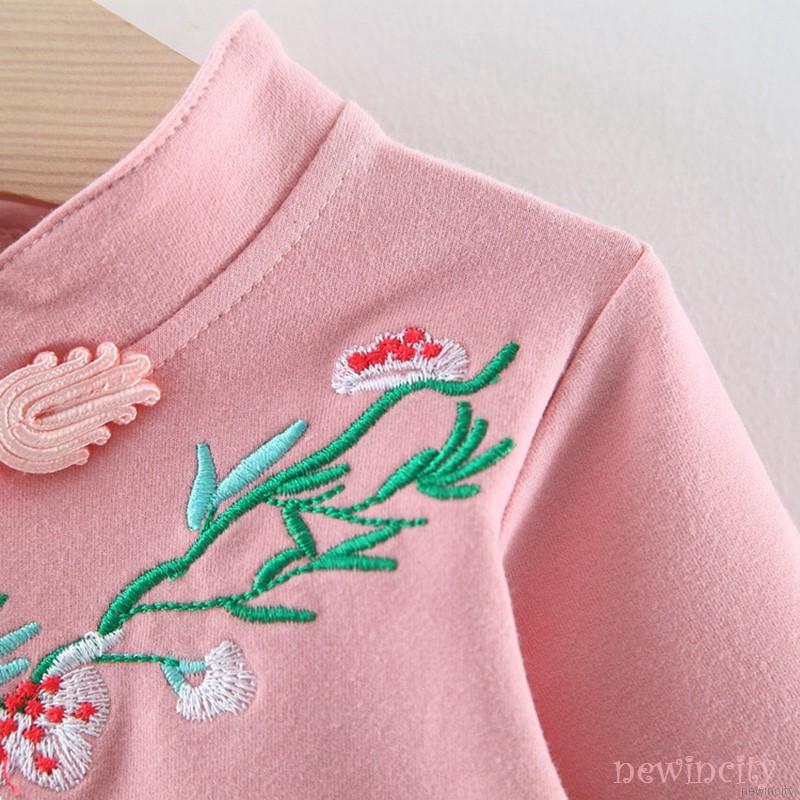 Váy dài tay thêu họa tiết phong cách Trung Hoa đáng yêu cho bé gái