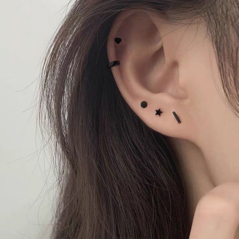 Set 4 Đôi Khuyên Tai Hình Học Màu Đen Đơn Giản Dễ Phối Đồ Thời Trang Unisex