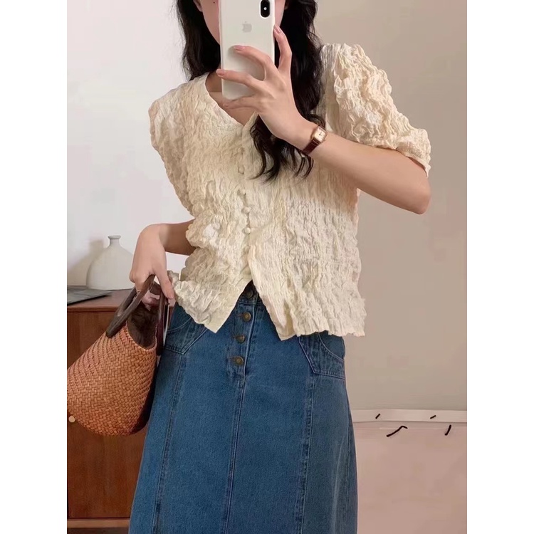 Áo Kiểu Tay Phồng Xếp Ly Phối Nút Thời Trang Hàn Quốc 2022 Cho Nữ