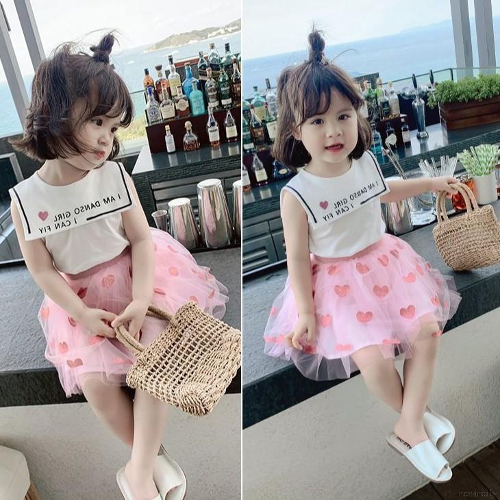Bộ áo thun sát nách in hình trái tim + chân váy lưới xòe đáng yêu cho bé gái