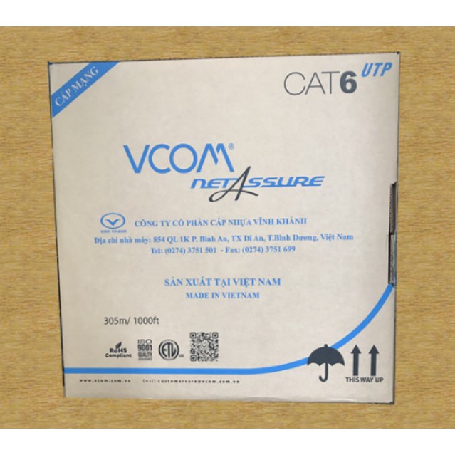 CÁP MẠNG VCOM CAT6 UTP VỎ PVC - THÙNG 305 MÉT