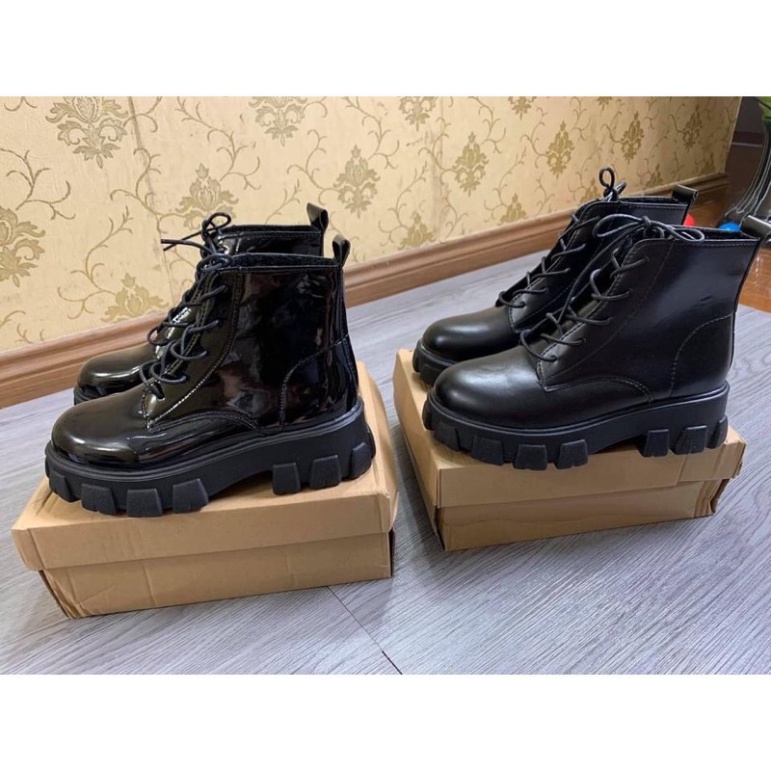 Bốt cao cổ chất da Pu độn đế, Giày boot nữ Đế răng cưa chất da bóng lì phong cách Hàn hot trend