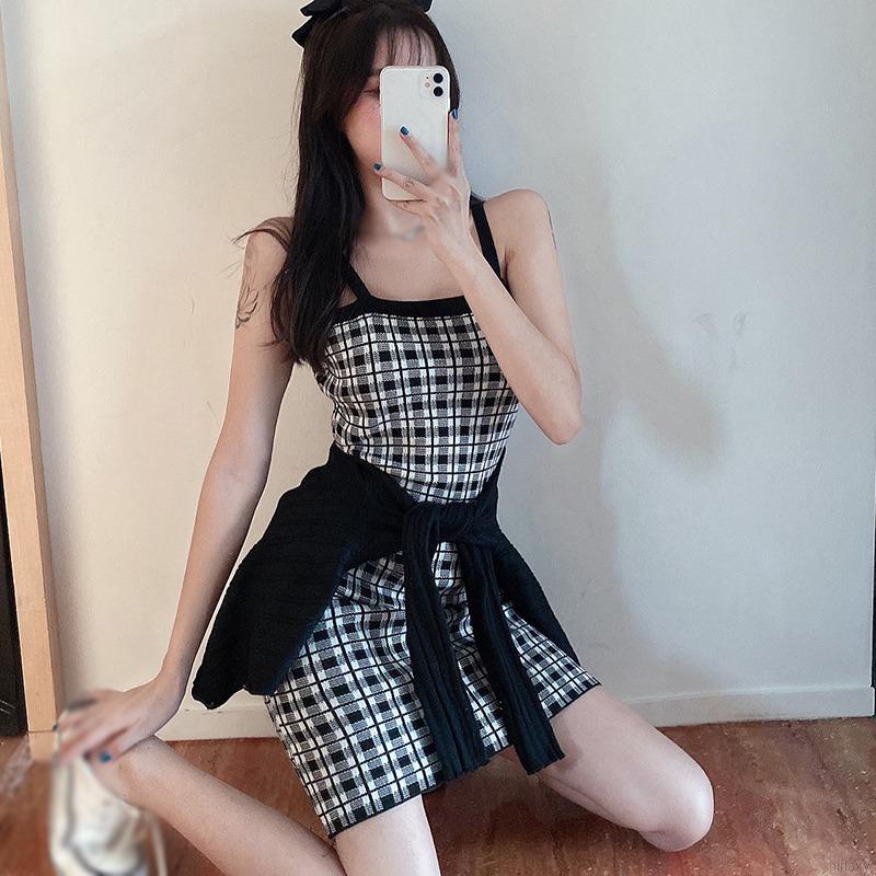 Đầm Dệt Kim Hai Dây Kẻ Sọc Caro Phong Cách Hàn Quốc Cho Nữ