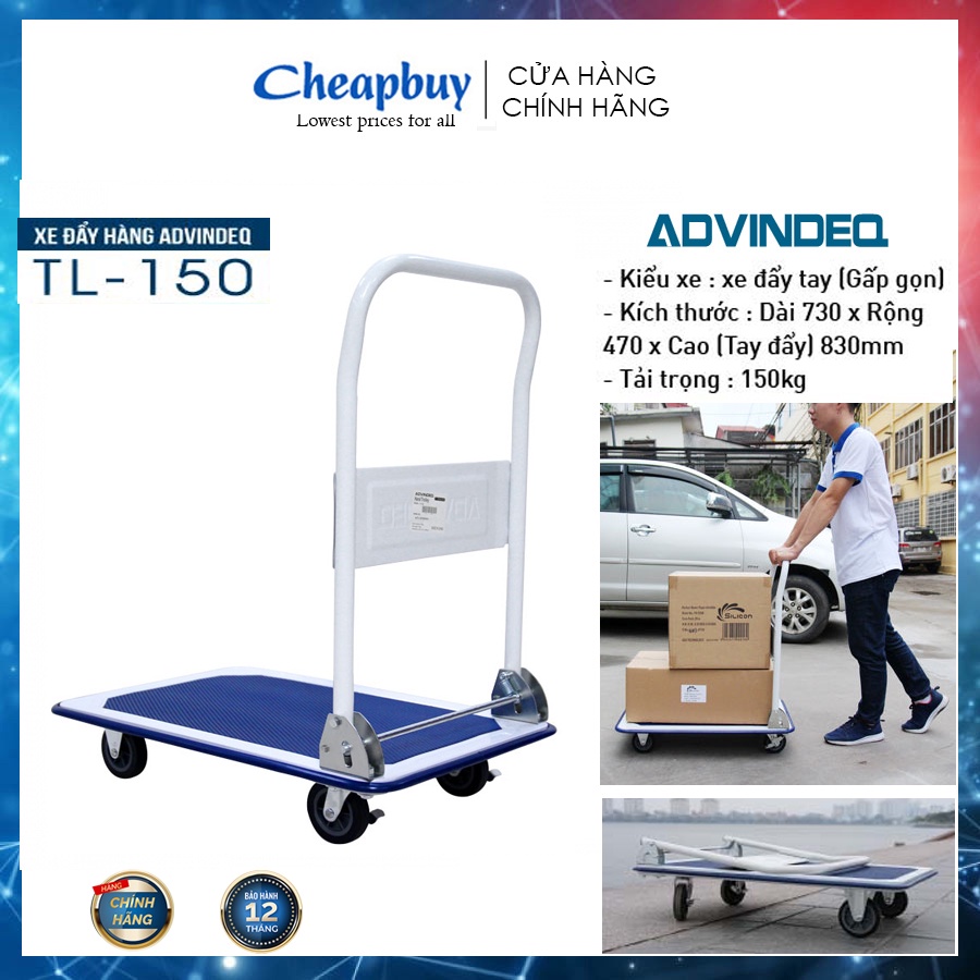 Xe đẩy kéo hàng 4 bánh gấp gọn chở 150kg sàn thép chịu lực nhập khẩu giá rẻ ADVINDEQ TL-150 bảo hành 1 năm