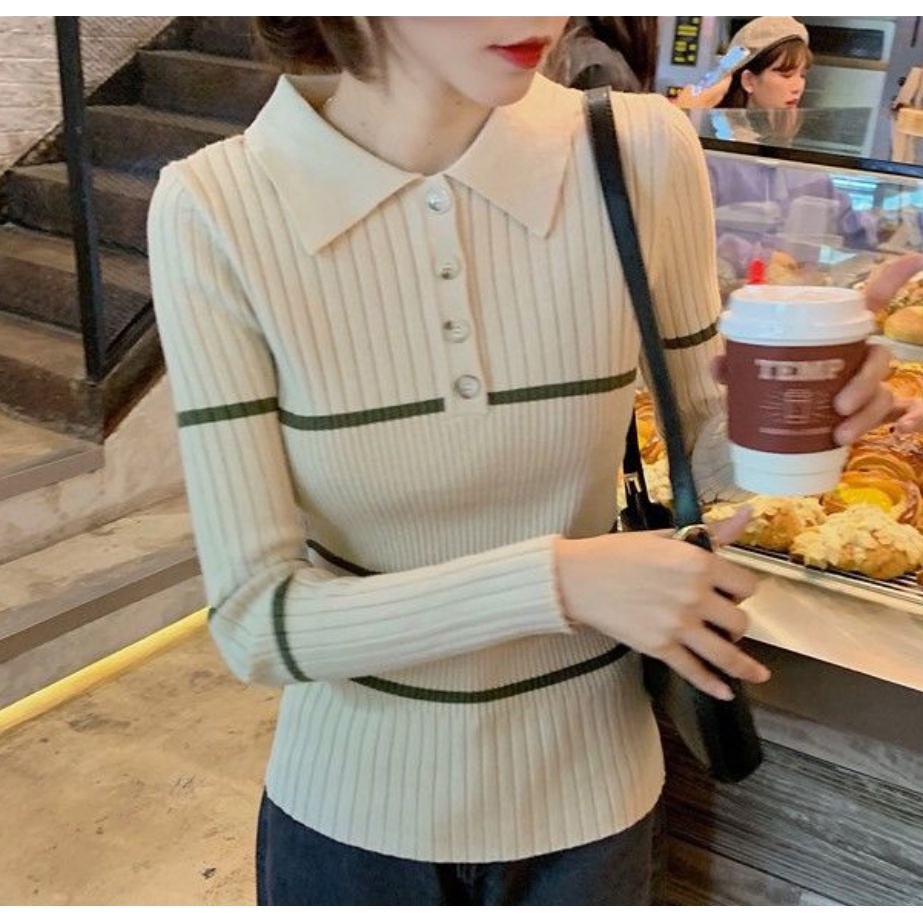 Áo Sweater cổ polo dáng ôm phong cách hàn quốc dành cho nữ
