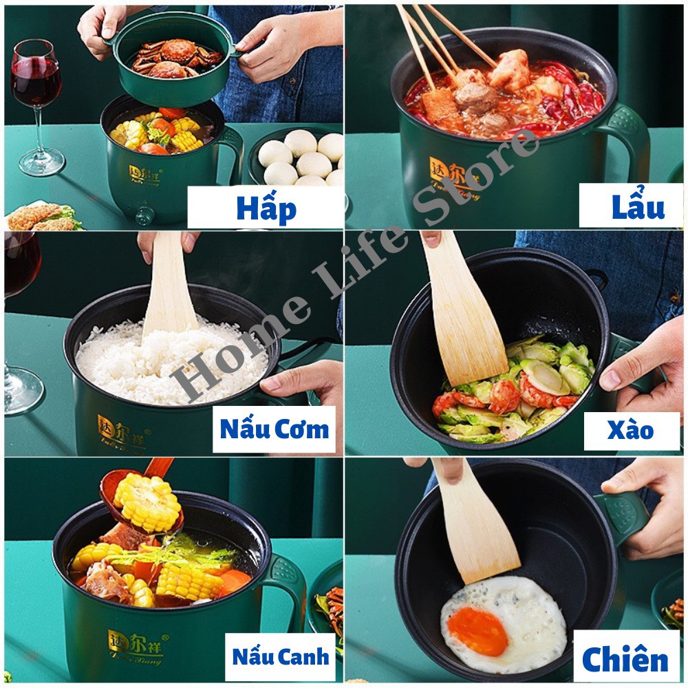 Nồi Lẩu Điện Mini Kèm Giá Hấp, Ca Nấu Mì Nấu Cơm Đa Năng Có Tay Cầm 1,8L - 2 Nấc Nhiệt Mẫu Mới 2022