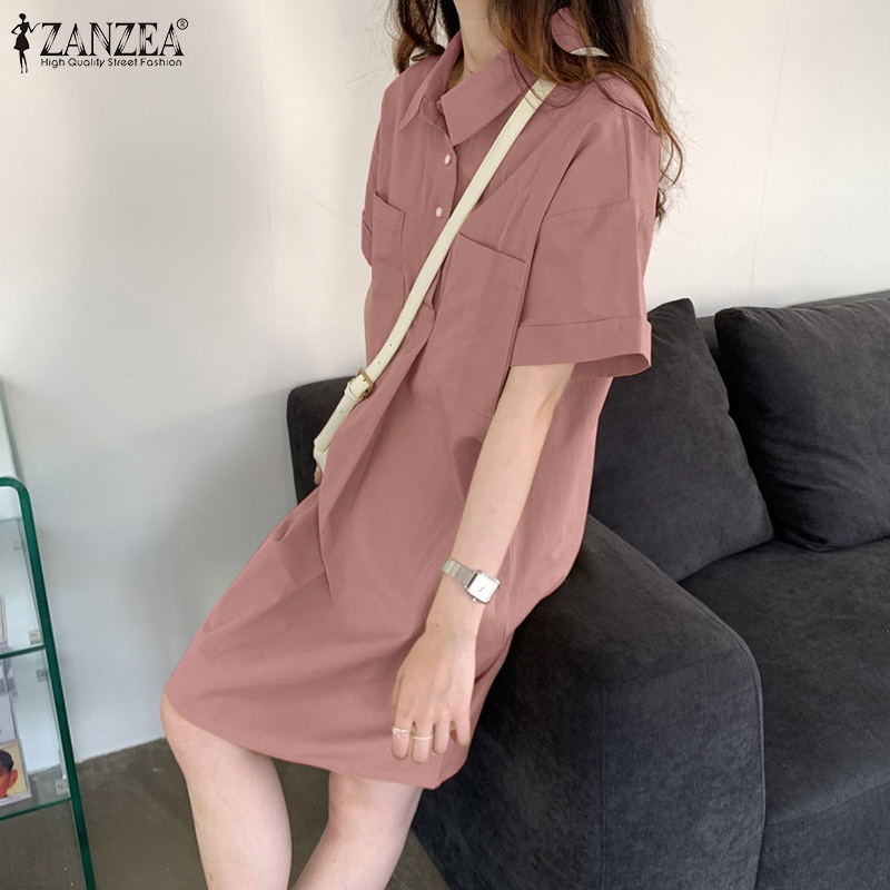 Váy mini ZANZEA dáng rộng cổ áo lật xuống có túi phía trước màu trơn cho nữ