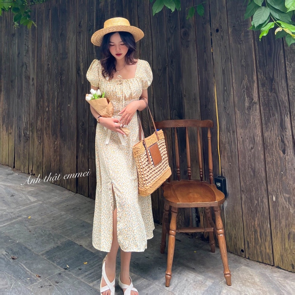 Đầm hoa nhí vintage, Đầm hoa cổ vuông xẻ tà Emmei v84