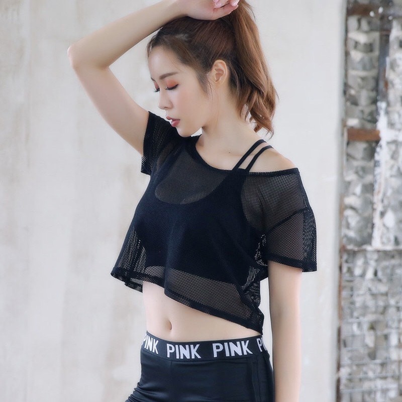 Áo Lưới Croptop Nữ 2 Màu Đen, Trắng Mặc Ngoài Phối Với Bra Tập Gym, Yoga Cao Cấp.