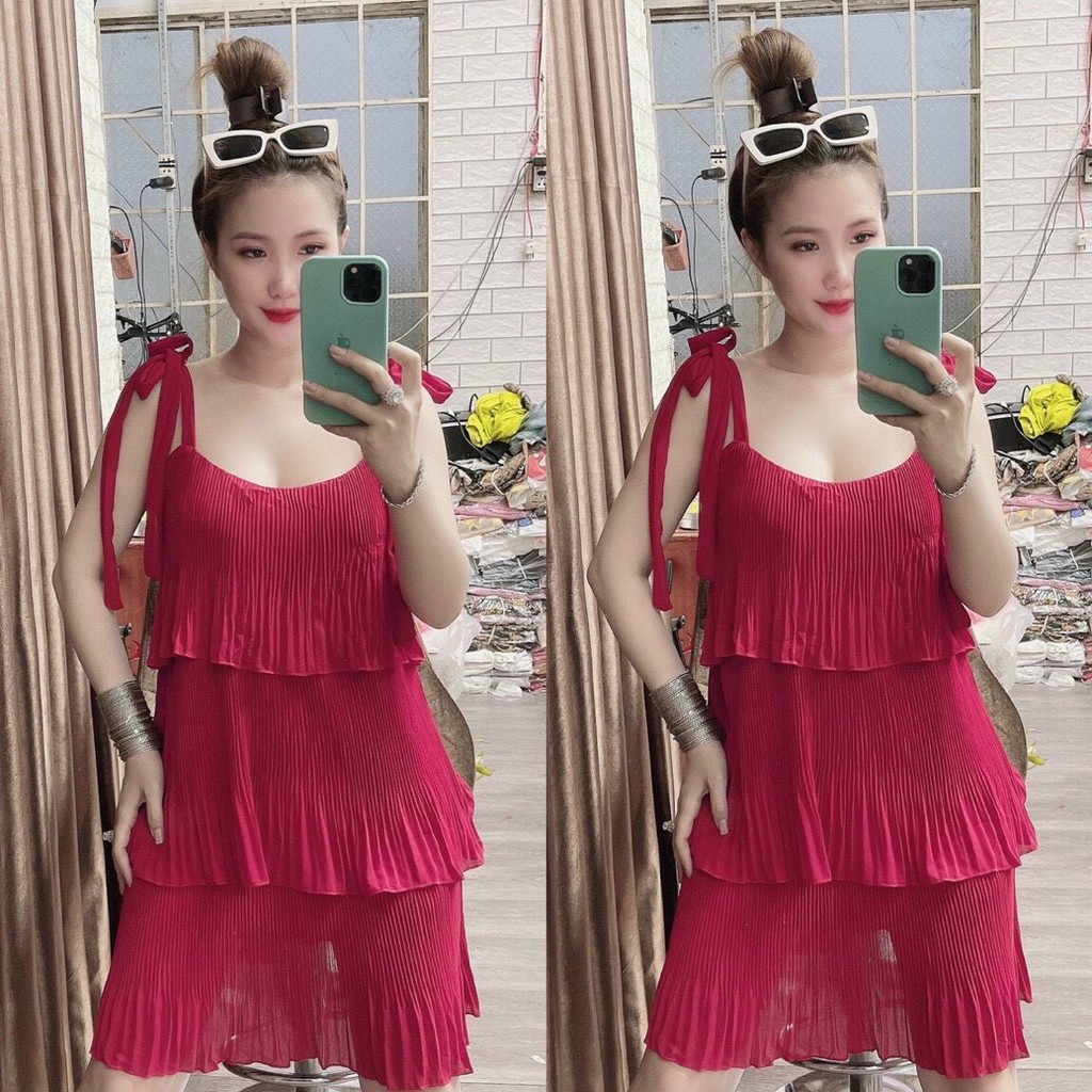 Đầm dập ly 3 tầng cột nơ vai + hình thật mẫu mặc