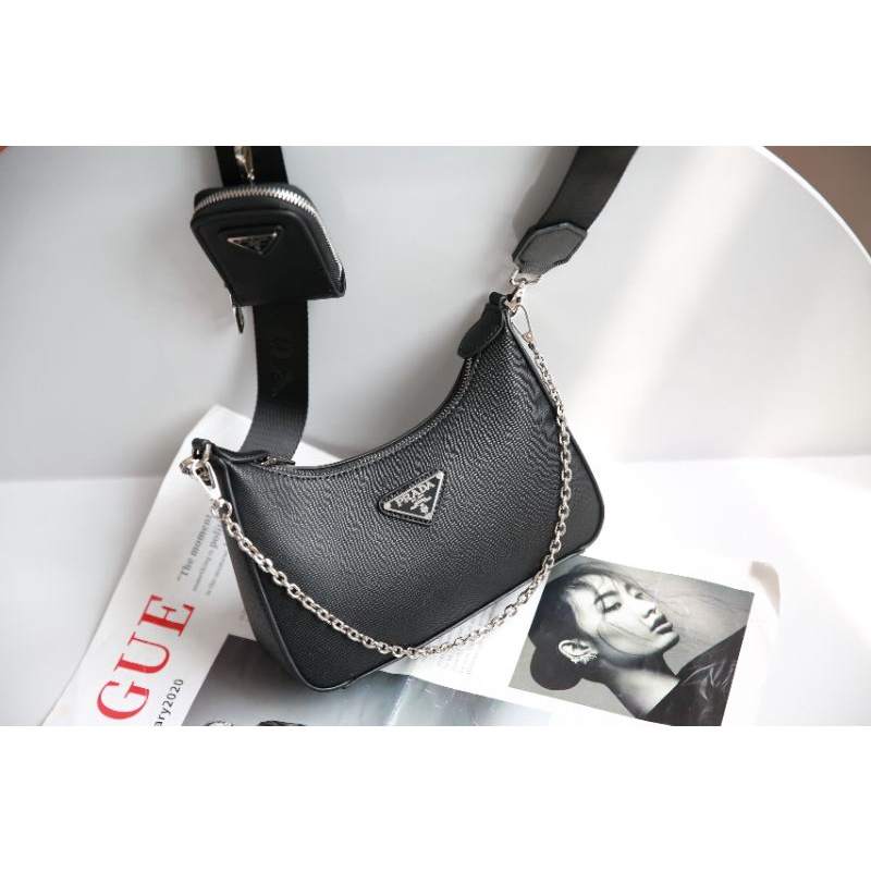 Túi chéo nữ Pra.da da xước sz25cm kèm quai đeo bản to+dây xích+ví nhỏ fullbox