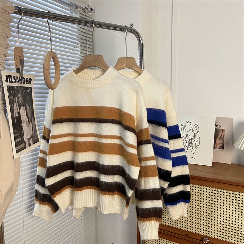 Áo sweater Tay Dài Dáng Rộng Họa Tiết Kẻ Sọc Thời Trang Mùa Thu Mới Cho Nữ