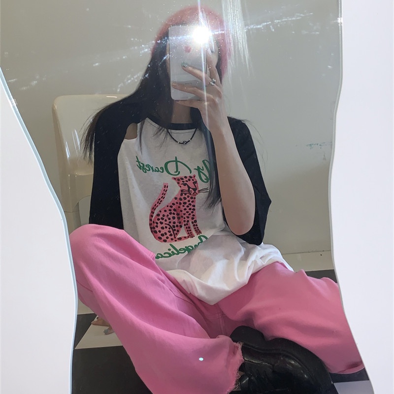 Áo Thun Ngắn Tay Dáng Rộng In Họa Tiết Da Báo Màu Sắc Tương Phản Thời Trang Mùa Hè Cho Nữ