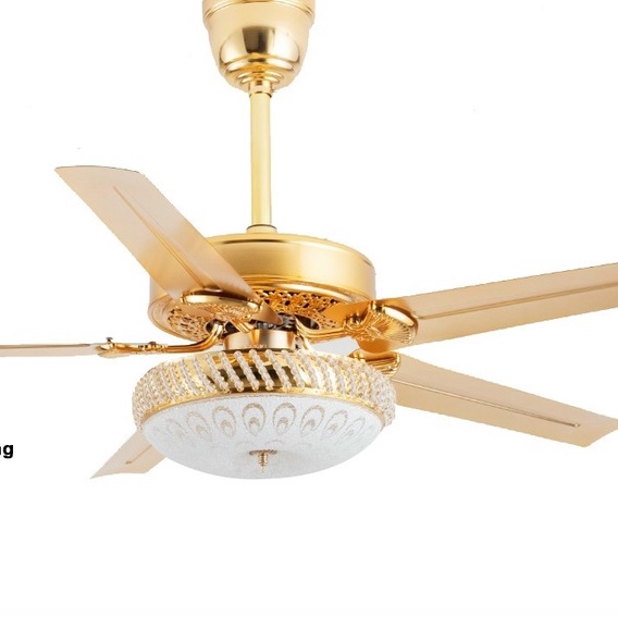 Quạt Trần Đèn Pha Lê 5 Cánh Thép, Quạt Trần Trang Trí Phòng Khách Hiện Đại